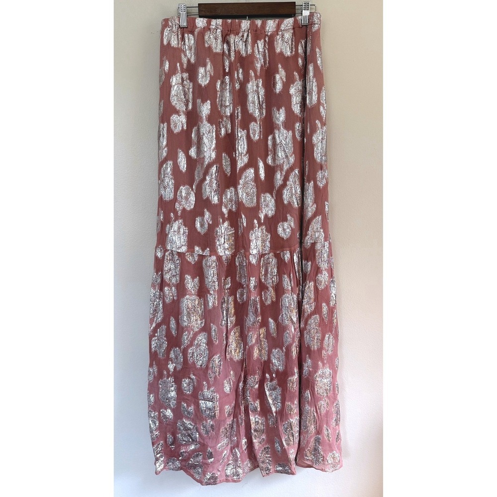 Women's Floral Metallic Silver Jacquard Tiered Lined Elastic Waist Maxi Skirt - Picture 2 of 4